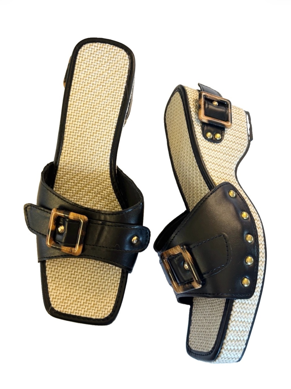 Black Buckle faux leather Slide Sandals with Raffia Footbed